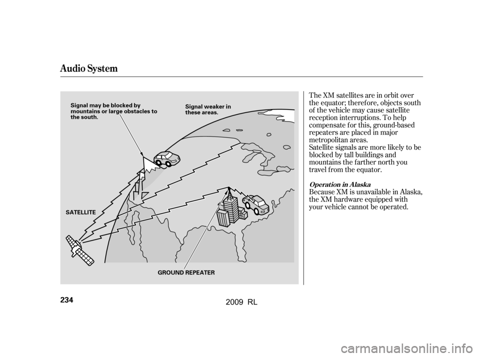Acura RL 2009  Owners Manual TheXMsatellitesareinorbitover 
the equator; therefore, objects south
of the vehicle may cause satellite 
reception interruptions. To help 
compensate f or this, ground-based
repeaters are placed in ma