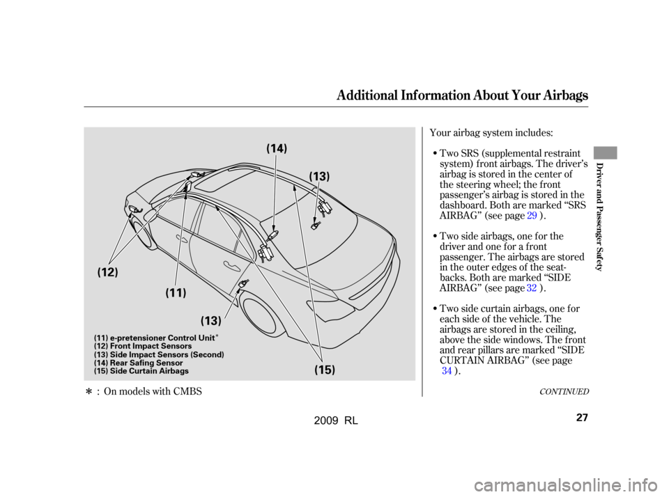 Acura RL 2009  Owners Manual Î
ÎYour airbag system includes:
Two side airbags, one f or the 
driver and one f or a f ront
passenger. The airbags are stored
in the outer edges of the seat-
backs. Both are marked ‘‘SIDE
AIR