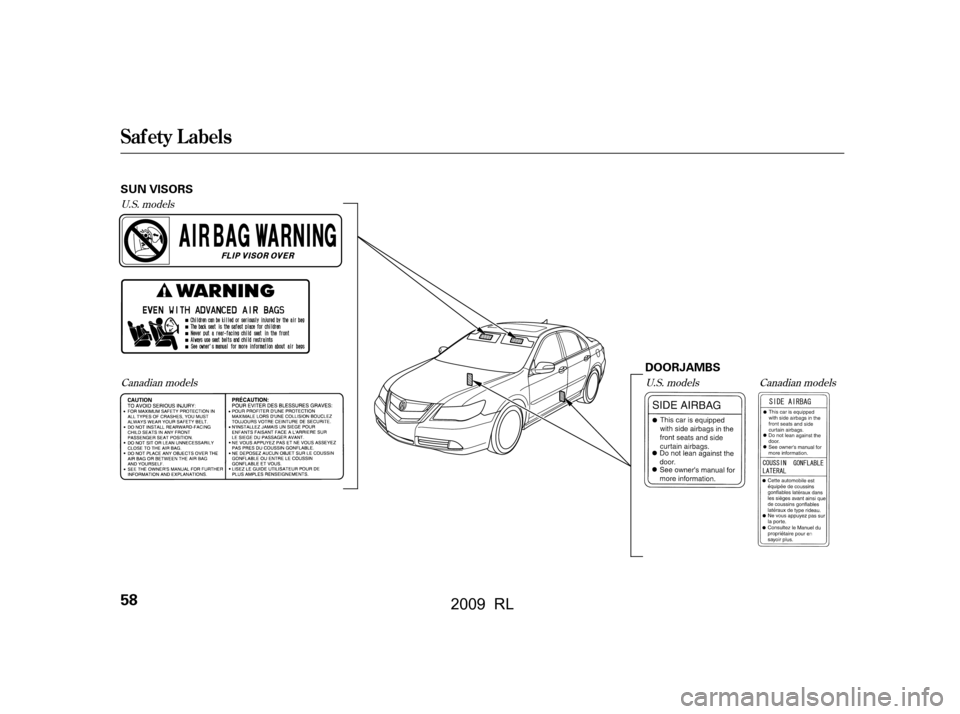 Acura RL 2009 Repair Manual U.S. modelsCanadian models U.S. models Canadian models
Saf ety L abels
58
SUN VISORS
DOORJAMBS
 2009  RL   