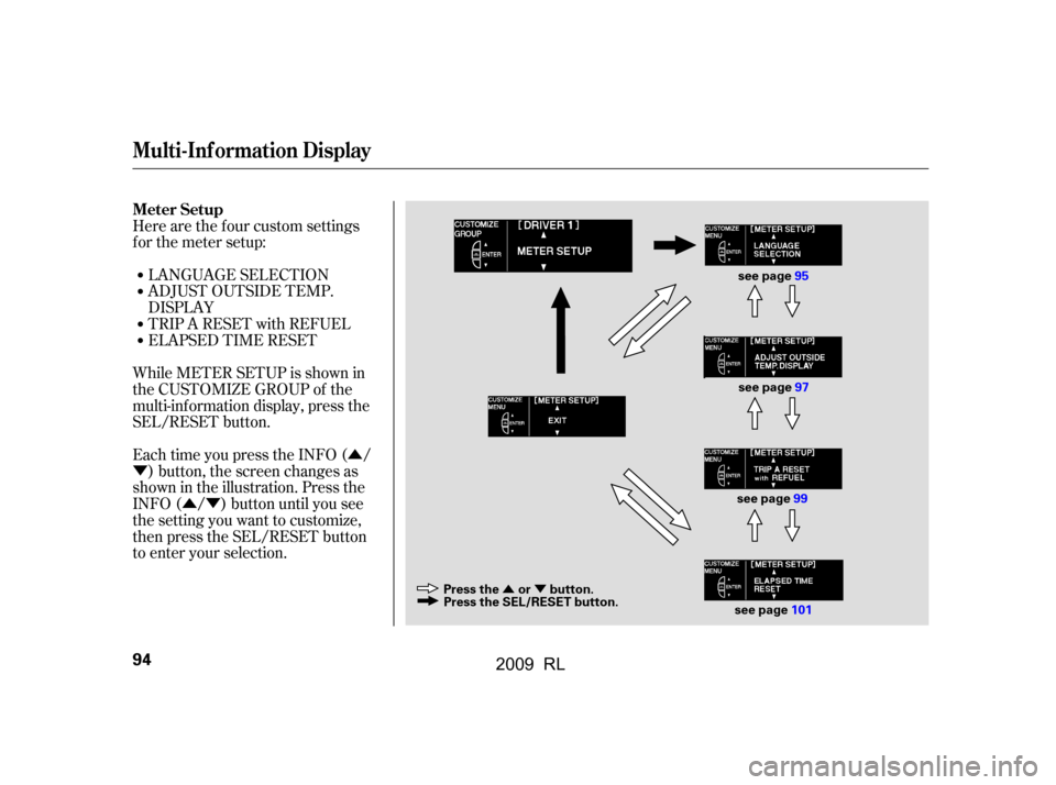 Acura RL 2009  Owners Manual Û
Ý
ÛÝ
ÛÝ
LANGUAGE SELECTION 
ADJUST OUTSIDE TEMP.
DISPLAY
Here are the f our custom settings 
forthemetersetup:
TRIP A RESET with REFUEL 
ELAPSED TIME RESET
While METER SETUP is shown in
