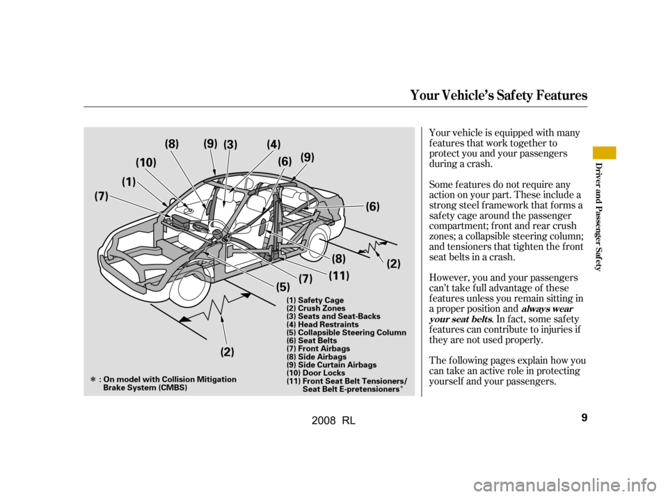 Acura RL 2008  Owners Manual ÎÎ
Your vehicle is equipped with many 
features that work together to
protect you and your passengers 
during a crash. 
Some f eatures do not require any 
action on your part. These include a
stro