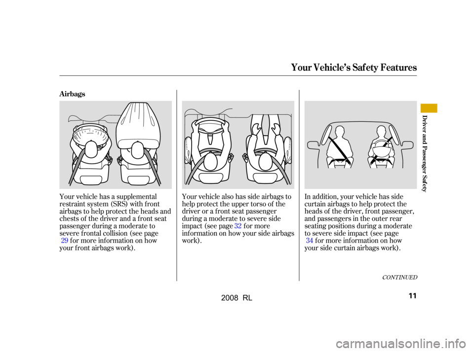 Acura RL 2008 User Guide CONT INUED
Your vehicle has a supplemental 
restraint system (SRS) with f ront
airbags to help protect the heads and 
chests of the driver and a front seat 
passenger during a moderate to
severe f ron