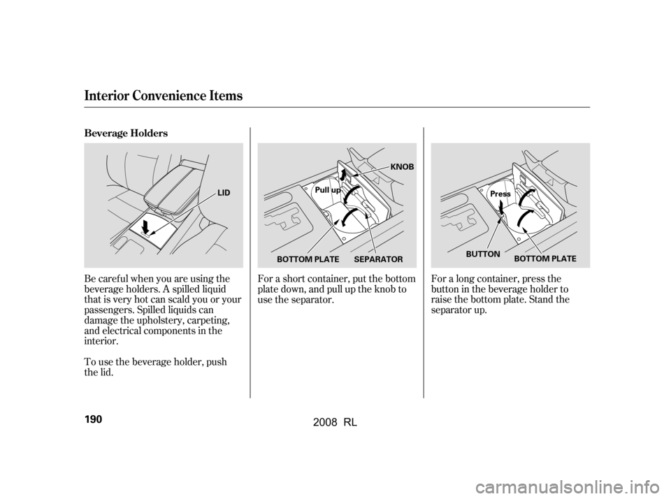 Acura RL 2008  Owners Manual For a short container, put the bottom 
plate down, and pull up the knob to
use the separator.For a long container, press the
button in the beverage holder to
raise the bottom plate. Stand the 
separat