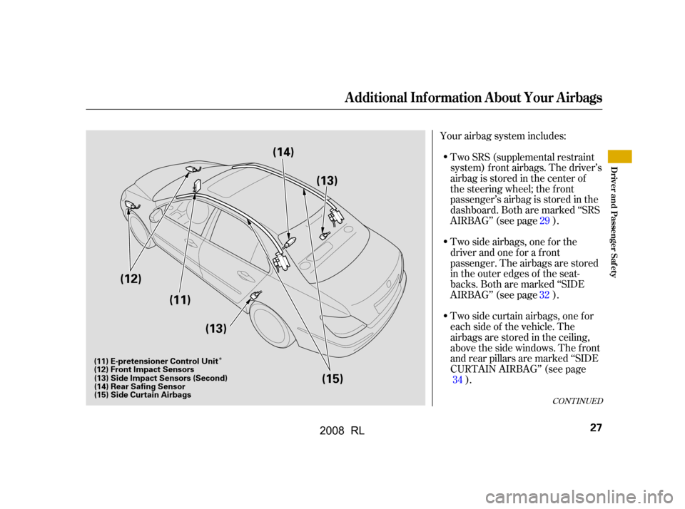Acura RL 2008  Owners Manual Î
Your airbag system includes:Two side airbags, one f or the 
driver and one f or a f ront
passenger. The airbags are stored
in the outer edges of the seat-
backs. Both are marked ‘‘SIDE
AIRBAG�