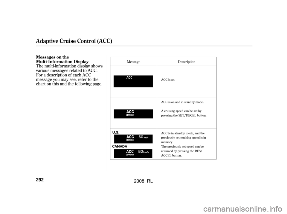 Acura RL 2008  Owners Manual 
The multi-inf ormation display shows
various messages related to ACC.
For a description of each ACC
message you may see, ref er to the
chart on this and the f ollowing page.
Message Description
ACC i