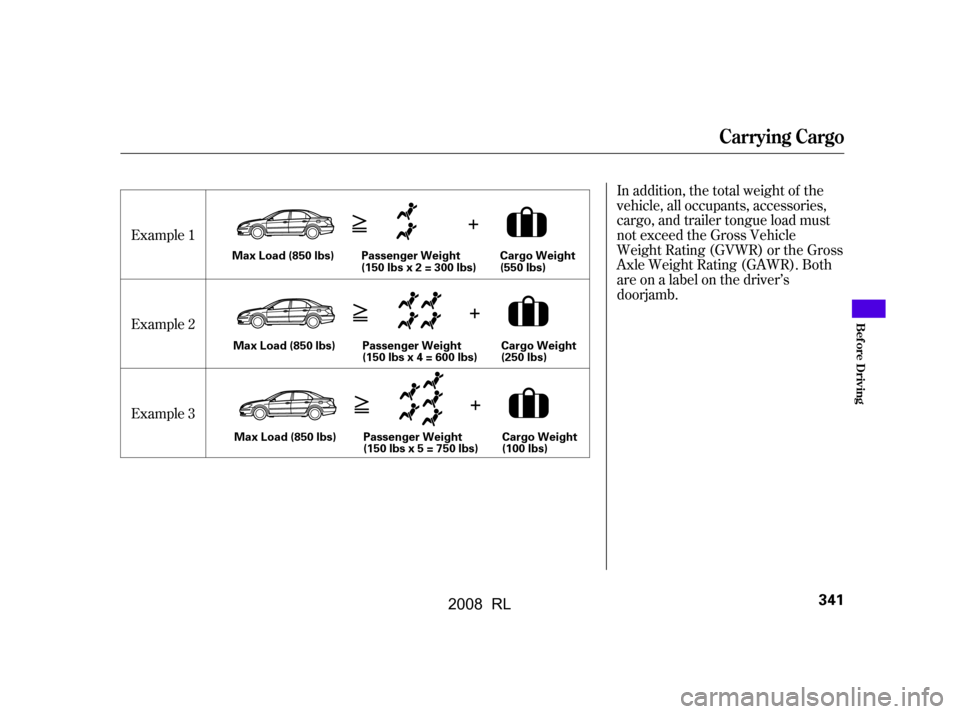 Acura RL 2008  Owners Manual In addition, the total weight of the 
vehicle, all occupants, accessories,
cargo, and trailer tongue load must 
not exceed the Gross Vehicle 
Weight Rating (GVWR) or the Gross
Axle Weight Rating (GAWR