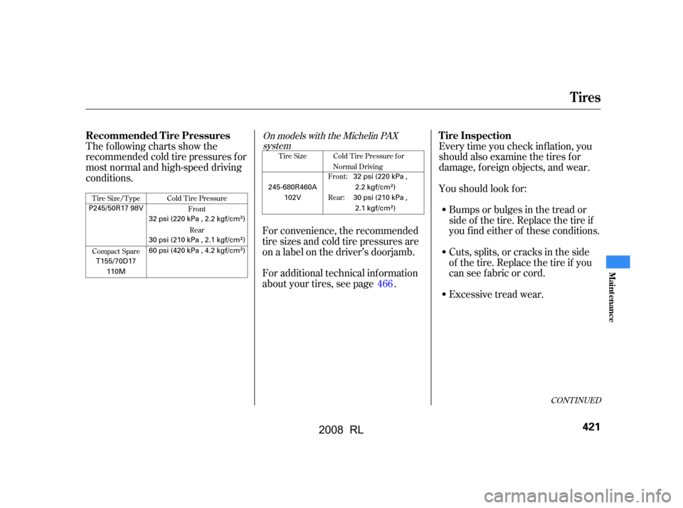 Acura RL 2008  Owners Manual The following charts show the 
recommended cold tire pressures f or
most normal and high-speed driving 
conditions.For convenience, the recommended
tire sizes and cold tire pressures are
on a label on