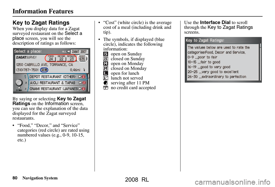 Acura RL 2008 Navigation Manual 80Navigation System
Information Features
Key to Zagat Ratings
When you display data for a Zagat
surveyed restaurant on the Select a
place screen, you will see the
description of ratings as follow Acura RL 2008 Navigation Manual 80Navigation System
Information Features
Key to Zagat Ratings
When you display data for a Zagat
surveyed restaurant on the Select a
place screen, you will see the
description of ratings as follow