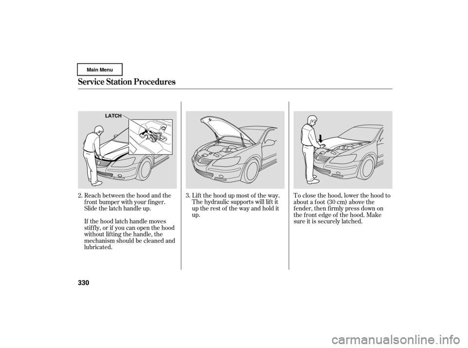 Acura RL 2007 Owners Guide Lif t the hood up most of the way.
The hydraulic supports will lif t it
uptherestof thewayandholdit
up.
If the hood latch handle moves
stif f ly, or if you can open the hood
without lifting the handle