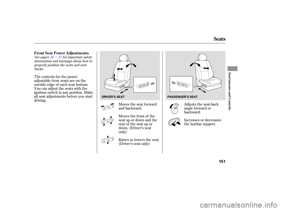 Acura RL 2006  Owners Manual µ
Moves the seat forward
and backward.Adjusts the seat-back
angle f orward or
backward.
The controls f or the power
adjustable front seats are on the
outside edge of each seat bottom.
You can adjust