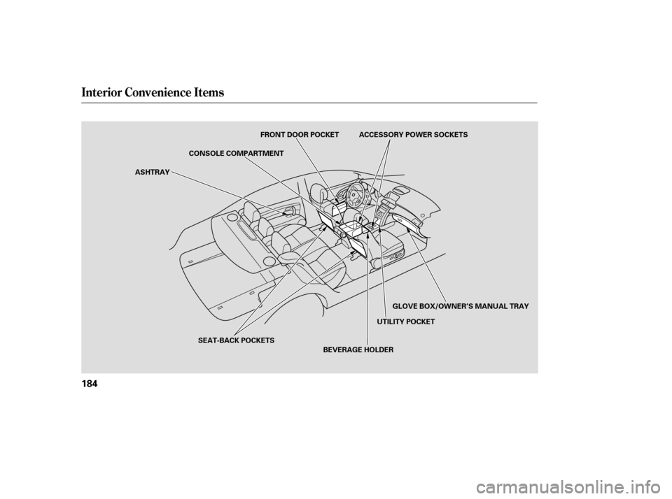 Acura RL 2006  Owners Manual Interior Convenience Items
184
ASHTRAYFRONT DOOR POCKET ACCESSORY POWER SOCKETS
GLOVE BOX/OWNER’S MANUAL TRAY
BEVERAGE HOLDER UTILITY POCKET
SEAT-BACK POCKETS
CONSOLE COMPARTMENT 