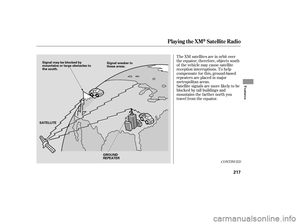 Acura RL 2006 Repair Manual The XM satellites are in orbit over
the equator; therefore, objects south
of the vehicle may cause satellite
reception interruptions. To help
compensate f or this, ground-based
repeaters are placed in Acura RL 2006 Repair Manual The XM satellites are in orbit over
the equator; therefore, objects south
of the vehicle may cause satellite
reception interruptions. To help
compensate f or this, ground-based
repeaters are placed in