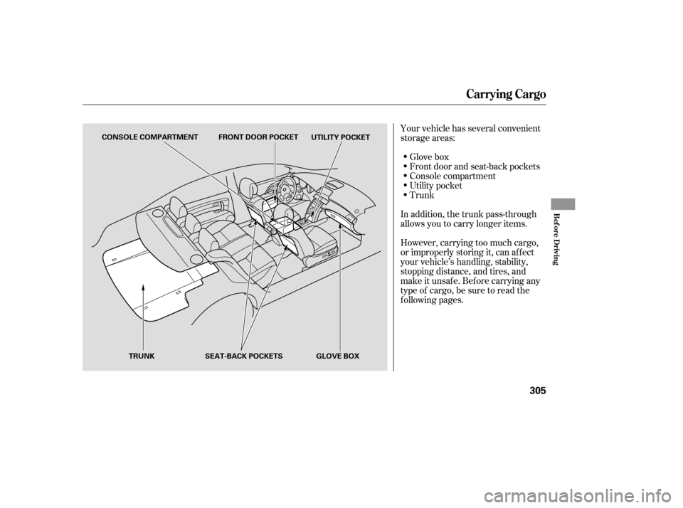 Acura RL 2006  Owners Manual Your vehicle has several convenient
storage areas:Glove box
Front door and seat-back pockets
Console compartment
In addition, the trunk pass-through
allows you to carry longer items.
However, carrying