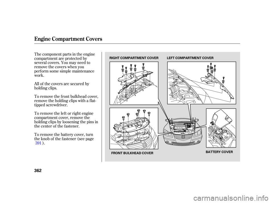 Acura RL 2006 Repair Manual The component parts in the engine
compartment are protected by
several covers. You may need to
remove the covers when you
perf orm some simple maintenance
work.
All of the covers are secured by
holdin