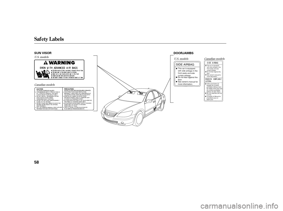 Acura RL 2006 Workshop Manual U.S. modelsCanadian models U.S. models
Canadian models
Saf ety L abels
58
SUN VISOR
DOORJAMBS Acura RL 2006 Workshop Manual U.S. modelsCanadian models U.S. models
Canadian models
Saf ety L abels
58
SUN VISOR
DOORJAMBS