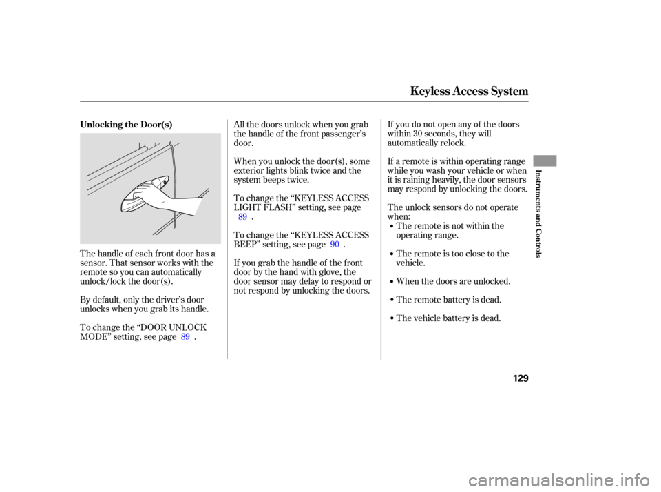 Acura RL 2005  Owners Manual The handle of each f ront door has a
sensor. That sensor works with the
remote so you can automatically
unlock/lock the door(s).If you do not open any of the doors
within 30 seconds, they will
automat