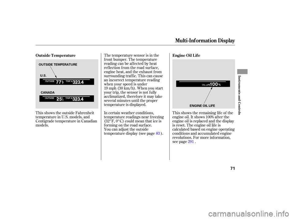 Acura RL 2005  Owners Manual This shows the outside Fahrenheit
temperature in U.S. models, and
Centigrade temperature in Canadian
models.The temperature sensor is in the
f ront bumper. The temperature
reading can be affected by h