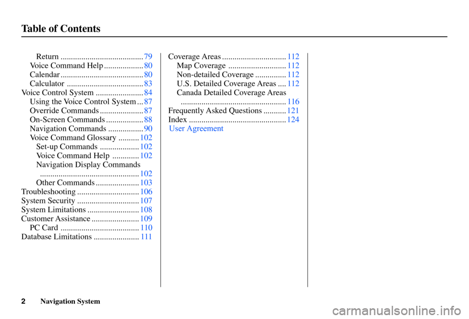 Acura RL 2004  3.5 Navigation Manual 2Navigation System
Table of Contents
Return ........................................79
Voice Command Help ...................
80

Calendar ........................................
80

Calculator .....