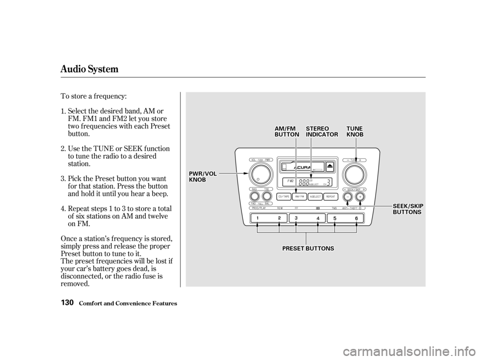 Acura RL 2002  3.5 Owners Manual To store a f requency:Select the desired band, AM or
FM. FM1 and FM2 let you store
two f requencies with each Preset
button.
Use the TUNE or SEEK f unction
to tune the radio to a desired
station.
Pick