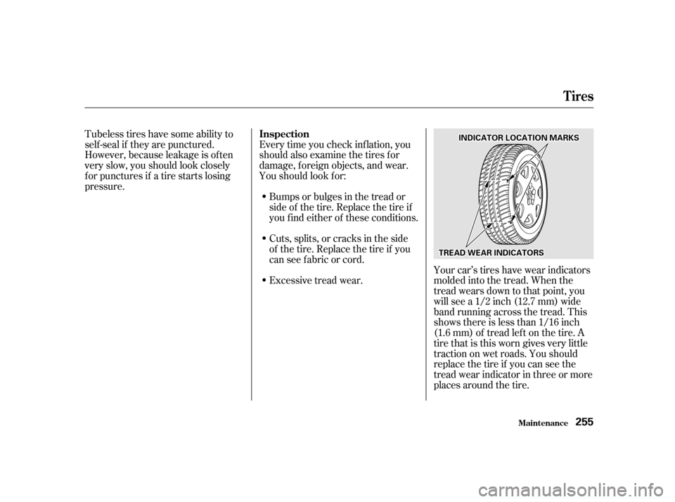 Acura RL 2002  3.5 User Guide Tubeless tires have some ability to
self -seal if they are punctured.
However, because leakage is of ten
very slow, you should look closely
for punctures if a tire starts losing
pressure.Every time yo