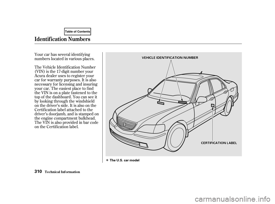 Acura RL 2002  3.5 Owners Manual Î
Your car has several identif ying
numbers located in various places.
The Vehicle Identif ication Number
(VIN) is the 17-digit number your
Acura dealer uses to register your
car f or warranty purpo
