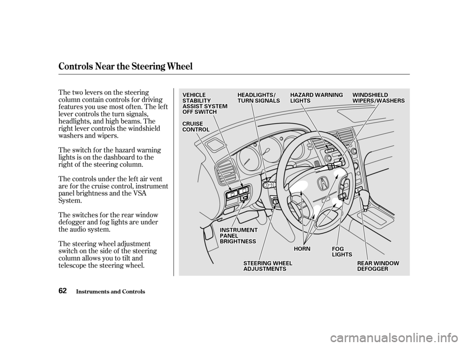 Acura RL 2002  3.5 Repair Manual Thetwoleversonthesteering
column contain controls f or driving
f eatures you use most of ten. The lef t
lever controls the turn signals,
headlights, and high beams. The
right lever controls the windsh