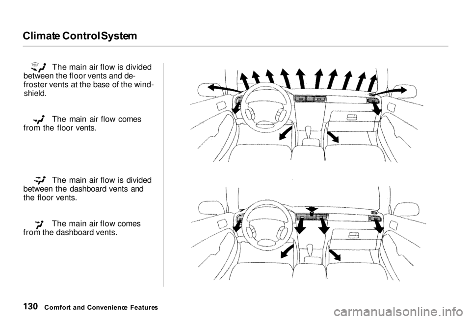 Acura RL 2000 3.5 User Guide
Climat
e Control System
The main air flow is divided
between the floor vents and de-
froster vents at the base of the wind-
shield.
The main air flow comes
from the floor vents.
The main air flow Acura RL 2000 3.5 User Guide
Climat
e Control System
The main air flow is divided
between the floor vents and de-
froster vents at the base of the wind-
shield.
The main air flow comes
from the floor vents.
The main air flow