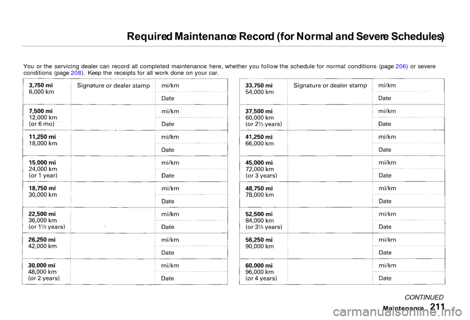 Acura RL 2000  3.5 Owners Manual 
Require
d Maintenanc e Recor d (fo r Norma l an d Sever e Schedules )

You or the servicing dealer can record all completed maintenance here, whether you follow the schedule for normal conditions (pa