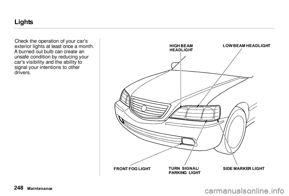 Acura RL 2000 3.5 Owners Manual Light
s
Check the operation of your cars
exterior lights at least once a month.
A burned out bulb can create an unsafe condition by reducing your
cars visibility and the ability tosignal your inten Acura RL 2000 3.5 Owners Manual Light
s
Check the operation of your cars
exterior lights at least once a month.
A burned out bulb can create an unsafe condition by reducing your
cars visibility and the ability tosignal your inten
