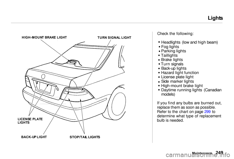 Acura RL 2000  3.5 Owners Manual Light
s
Check the following:
 Headlights (low and high beam)
Fog lights
Parking lights Taillights
Brake lights Turn signals
Back-up lights
Hazard light function
License plate light
Side marker lights
