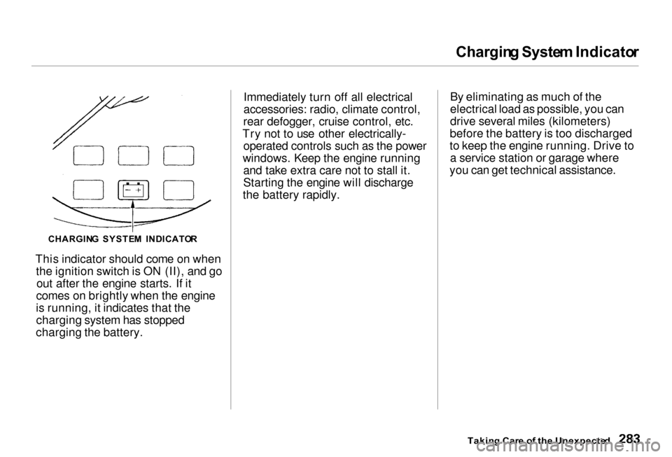 Acura RL 2000  3.5 Owners Manual Chargin
g Syste m Indicato r

This indicator should come on when the ignition switch is ON (II), and goout after the engine starts. If it
comes on brightly when the engine
is running, it indicates tha