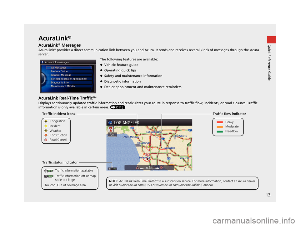 Acura RLX 2018  Navigation Manual 13
Quick Reference GuideAcuraLink®
AcuraLink ® Messages
AcuraLink®  provides a direct communication link between you and Acura. It  sends and receives several kinds of messages through the Acura 
s