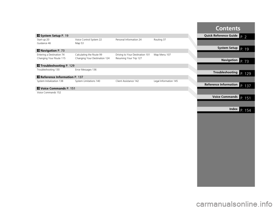 Acura RLX 2018  Navigation Manual Contents
2System Setup  P. 19Start-up 20 Voice Control System 22 Personal Information 24 Routing 37
Guidance 46 Map 53
2Navigation  P. 73Entering a Destination 74 Calculating the Route 99 Driving to Y