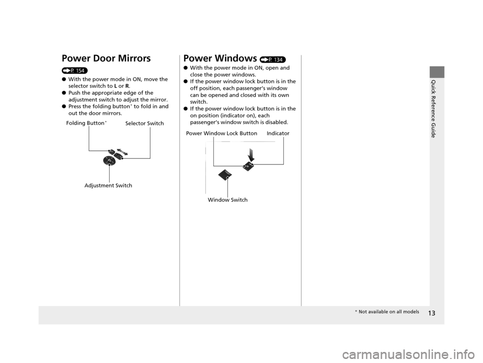 Acura RLX 2017 User Guide 13
Quick Reference Guide
Power Door Mirrors 
(P 154)
●With the power mode in ON, move the 
selector switch to  L or R .
● Push the appropriate edge of the 
adjustment switch to adjust the mirror.
