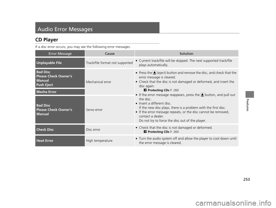 Acura RLX 2017 Owners Manual 253
Features
Audio Error Messages
CD Player
If a disc error occurs, you may see the following error messages.
Error MessageCauseSolution
Unplayable FileTrack/file format not supported●Current track/ Acura RLX 2017 Owners Manual 253
Features
Audio Error Messages
CD Player
If a disc error occurs, you may see the following error messages.
Error MessageCauseSolution
Unplayable FileTrack/file format not supported●Current track/