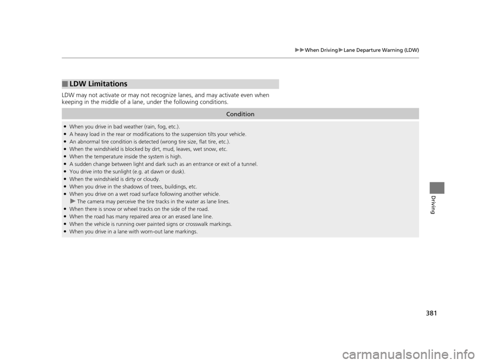 Acura RLX 2017 Owners Manual 381
uuWhen Driving uLane Departure Warning (LDW)
Driving
LDW may not activate or may not recognize lanes, and may activate even when
keeping in the middle of a lane, under the following conditions.
Acura RLX 2017 Owners Manual 381
uuWhen Driving uLane Departure Warning (LDW)
Driving
LDW may not activate or may not recognize lanes, and may activate even when
keeping in the middle of a lane, under the following conditions.