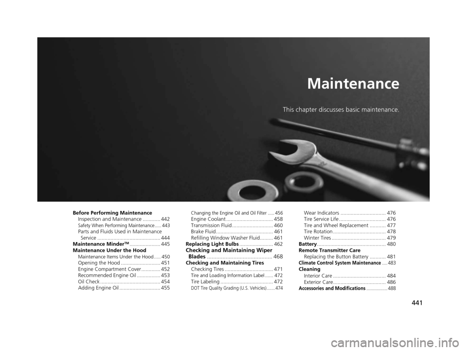 Acura RLX 2017  Owners Manual 441
Maintenance
This chapter discusses basic maintenance.
Before Performing MaintenanceInspection and Maintenance ............ 442
Safety When Performing Maintenance..... 443Parts and Fluids Used in M