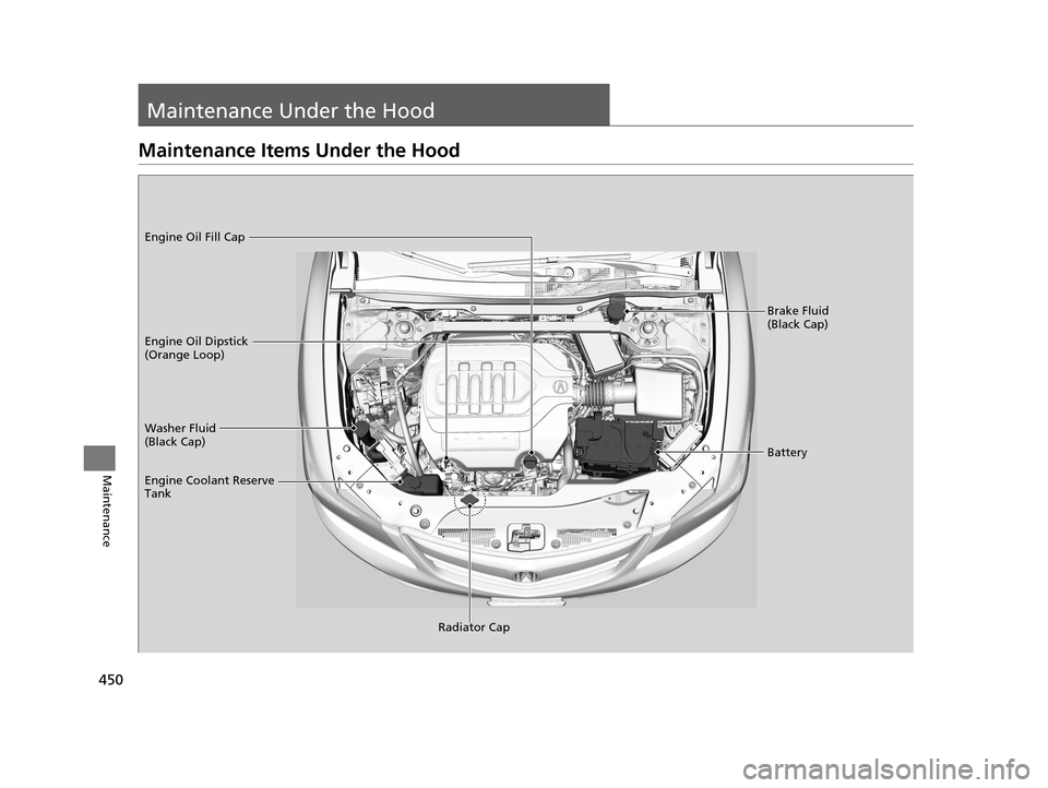 Acura RLX 2017  Owners Manual 450
Maintenance
Maintenance Under the Hood
Maintenance Items Under the Hood
Brake Fluid 
(Black Cap)
Washer Fluid 
(Black Cap) Engine Oil Dipstick 
(Orange Loop) Engine Oil Fill Cap
Battery
Engine Coo