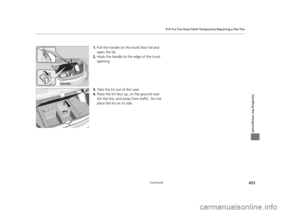 Acura RLX 2017 Owners Manual 493
uuIf a Tire Goes Flat uTemporarily Repairing a Flat Tire
Continued
Handling the Unexpected
1. Pull the handle on the trunk floor lid and
open the lid.
2. Hook the handle to the edge of the trunk Acura RLX 2017 Owners Manual 493
uuIf a Tire Goes Flat uTemporarily Repairing a Flat Tire
Continued
Handling the Unexpected
1. Pull the handle on the trunk floor lid and
open the lid.
2. Hook the handle to the edge of the trunk