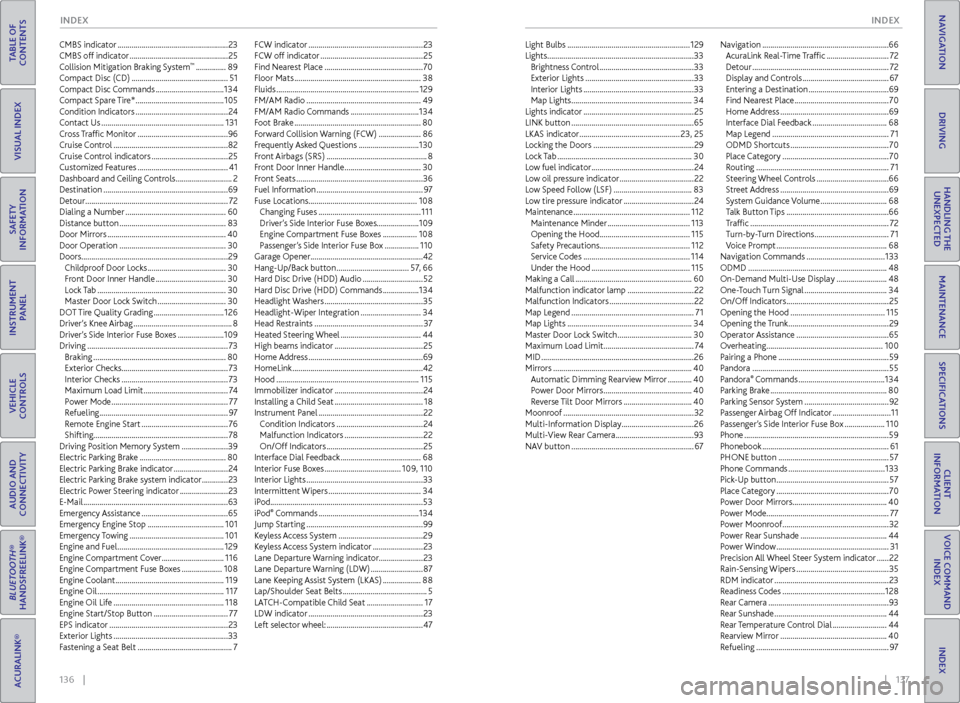 Acura RLX 2017  Quick Guide 136    ||    137
       INDEX
INDEX
TABLE OF 
CONTENTS
INDEX
VISUAL INDEX
VOICE COMMAND  INDEX
SAFETY 
INFORMATION
CLIENT 
INFORMATION
INSTRUMENT  PANEL
SPECIFICATIONS
VEHICLE 
CONTROLS 
MAINTENANCE
A