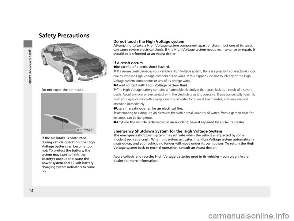 Acura RLX 2016 User Guide 14
Quick Reference Guide
Safety Precautions
Do not touch the High Voltage systemAttempting to take a High Voltage system component apart or disconnect one of its wires 
can cause severe electrical sho