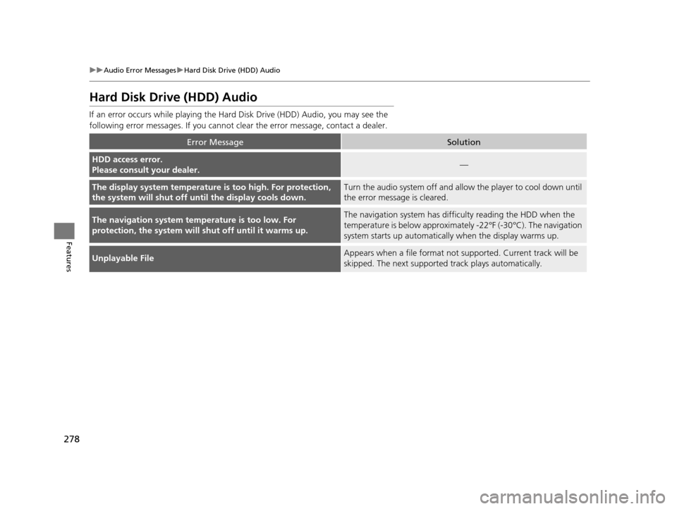 Acura RLX 2016 Owners Manual 278
uuAudio Error Messages uHard Disk Drive (HDD) Audio
Features
Hard Disk Dri ve (HDD) Audio
If an error occurs while playing the Hard Disk Drive (HDD) Audio, you may see the
following error messag Acura RLX 2016 Owners Manual 278
uuAudio Error Messages uHard Disk Drive (HDD) Audio
Features
Hard Disk Dri ve (HDD) Audio
If an error occurs while playing the Hard Disk Drive (HDD) Audio, you may see the
following error messag