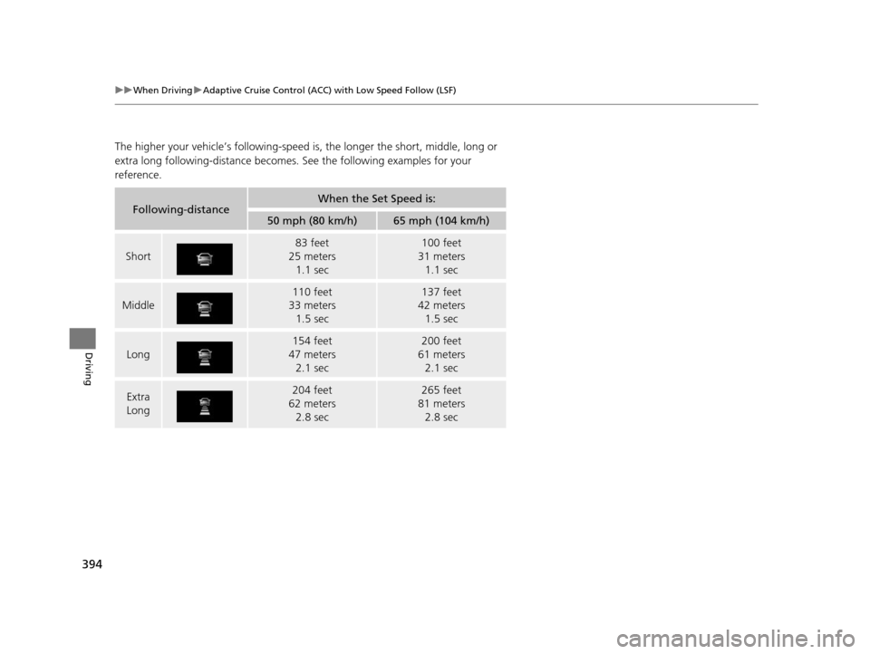 Acura RLX 2016  Owners Manual 394
uuWhen Driving uAdaptive Cruise Control (ACC) with Low Speed Follow (LSF)
Driving
The higher your vehicle’s following-speed  is, the longer the short, middle, long or 
extra long following-dista