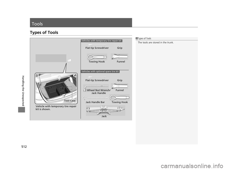 Acura RLX 2016 Owners Manual 512
Handling the Unexpected
Tools
Types of Tools
1Types of Tools
The tools are stored in the trunk.
Vehicles with optional spare tire kit
Jack
Jack Handle Bar Towing Hook
Wheel Nut Wrench/
Jack Handle Acura RLX 2016 Owners Manual 512
Handling the Unexpected
Tools
Types of Tools
1Types of Tools
The tools are stored in the trunk.
Vehicles with optional spare tire kit
Jack
Jack Handle Bar Towing Hook
Wheel Nut Wrench/
Jack Handle