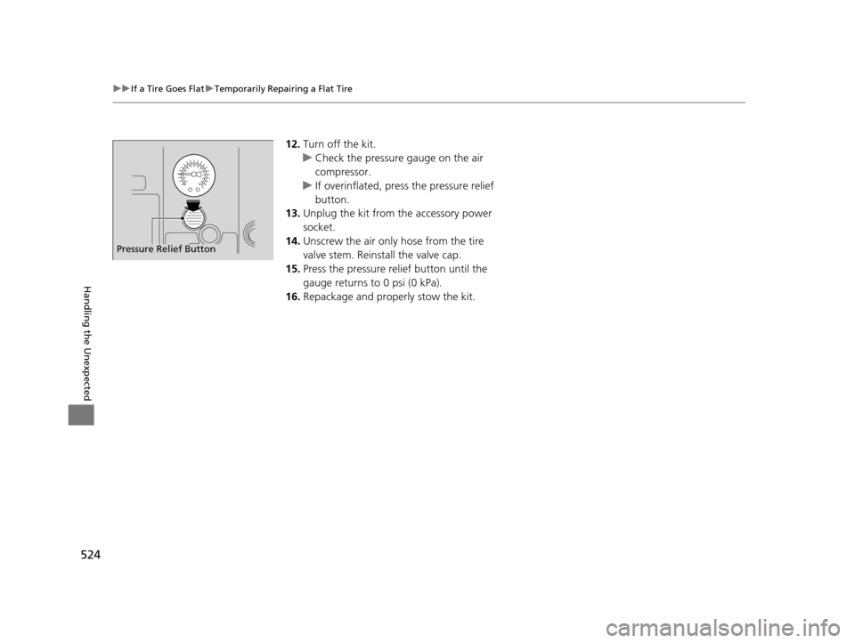 Acura RLX 2016 Owners Guide 524
uuIf a Tire Goes Flat uTemporarily Repairing a Flat Tire
Handling the Unexpected
12. Turn off the kit.
u Check the pressure gauge on the air
compressor.
u If overinflated, press the pressure reli Acura RLX 2016 Owners Guide 524
uuIf a Tire Goes Flat uTemporarily Repairing a Flat Tire
Handling the Unexpected
12. Turn off the kit.
u Check the pressure gauge on the air
compressor.
u If overinflated, press the pressure reli