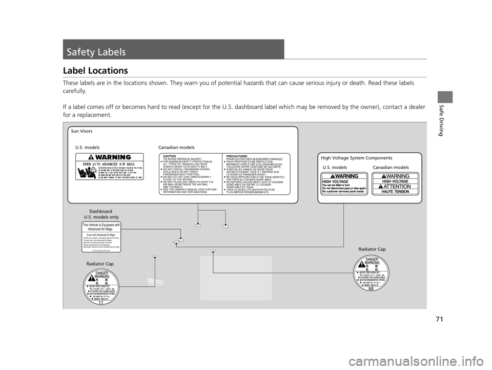 Acura RLX 2016  Owners Manual 71
Safe Driving
Safety Labels
Label Locations
These labels are in the locations shown. They warn you of potential hazards that  can cause serious injury or death. Read these labels 
carefully.
If a la