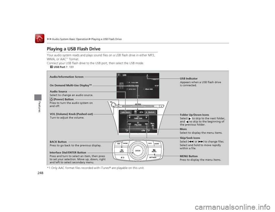 Acura RLX 2015 Workshop Manual 248
uuAudio System Basic Operation uPlaying a USB Flash Drive
Features
Playing a USB Flash DriveYour audio system reads and plays sound files on a USB flash drive in either MP3,
WMA, or AAC
*1 format Acura RLX 2015 Workshop Manual 248
uuAudio System Basic Operation uPlaying a USB Flash Drive
Features
Playing a USB Flash DriveYour audio system reads and plays sound files on a USB flash drive in either MP3,
WMA, or AAC
*1 format