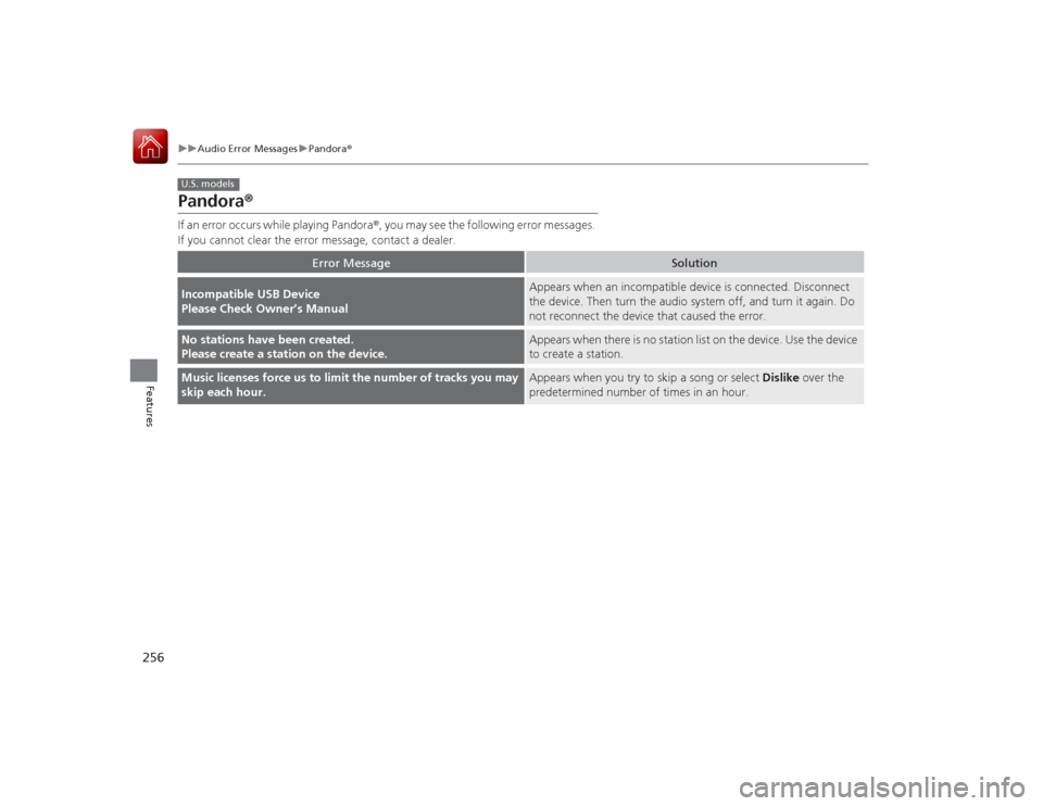 Acura RLX 2015 Repair Manual 256
uuAudio Error Messages uPandora®
Features
Pandora ®If an error occurs while playing Pandora ®, you may see the following error messages.
If you cannot clear the error message, contact a dealer Acura RLX 2015 Repair Manual 256
uuAudio Error Messages uPandora®
Features
Pandora ®If an error occurs while playing Pandora ®, you may see the following error messages.
If you cannot clear the error message, contact a dealer