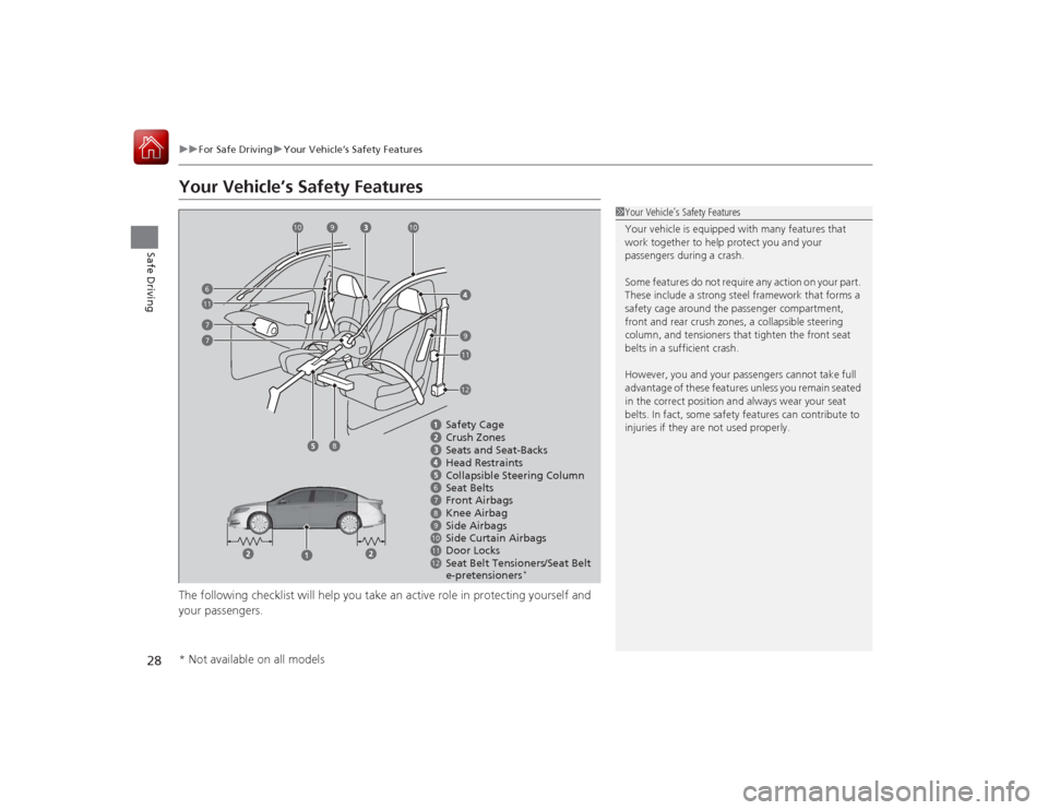 Acura RLX 2015 Owners Guide 28
uuFor Safe Driving uYour Vehicle’s Safety Features
Safe Driving
Your Vehicle’s Safety FeaturesThe following checklist will help you take an active role in protecting yourself and
your passenge Acura RLX 2015 Owners Guide 28
uuFor Safe Driving uYour Vehicle’s Safety Features
Safe Driving
Your Vehicle’s Safety FeaturesThe following checklist will help you take an active role in protecting yourself and
your passenge