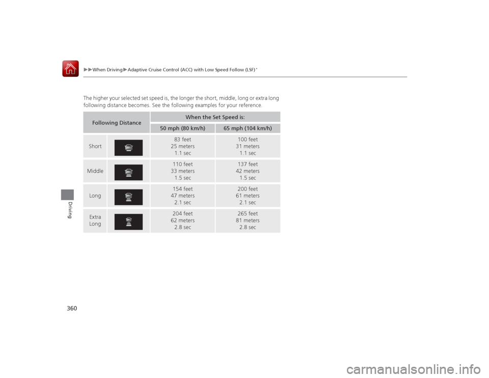 Acura RLX 2015 Owners Manual 360
uuWhen Driving uAdaptive Cruise Control (ACC) with Low Speed Follow (LSF)
*
Driving
The higher your selected set speed is, the longer the short, middle, long or extra long
following distance beco Acura RLX 2015 Owners Manual 360
uuWhen Driving uAdaptive Cruise Control (ACC) with Low Speed Follow (LSF)
*
Driving
The higher your selected set speed is, the longer the short, middle, long or extra long
following distance beco